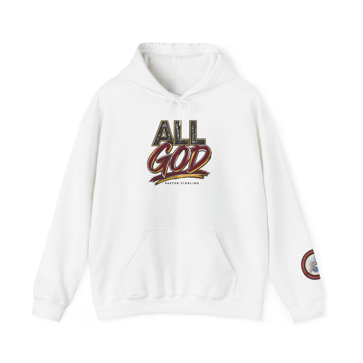 All God Hoodie — Christian Faith Graphic Pullover with Sleeve Emblem