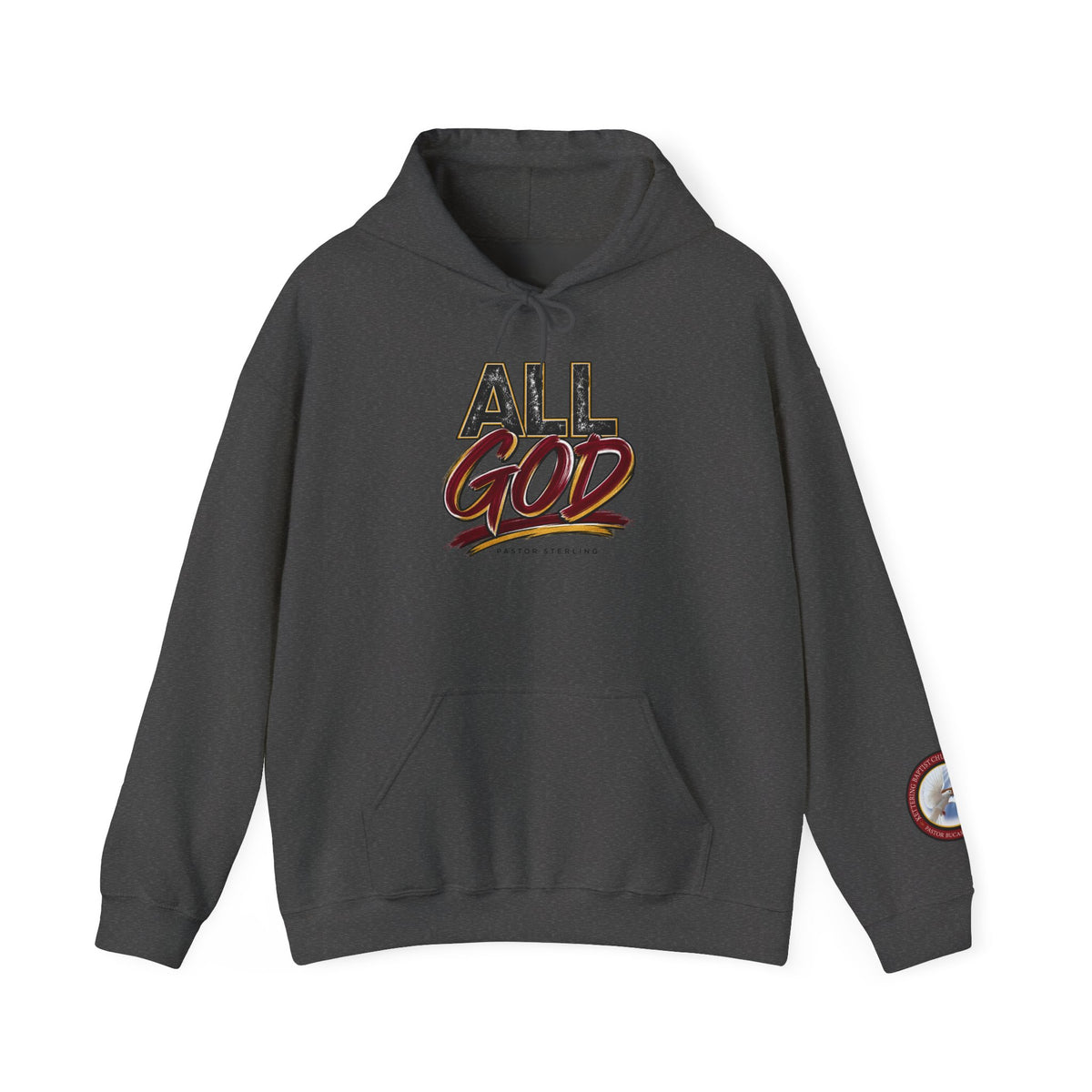 All God Hoodie — Christian Faith Graphic Pullover with Sleeve Emblem