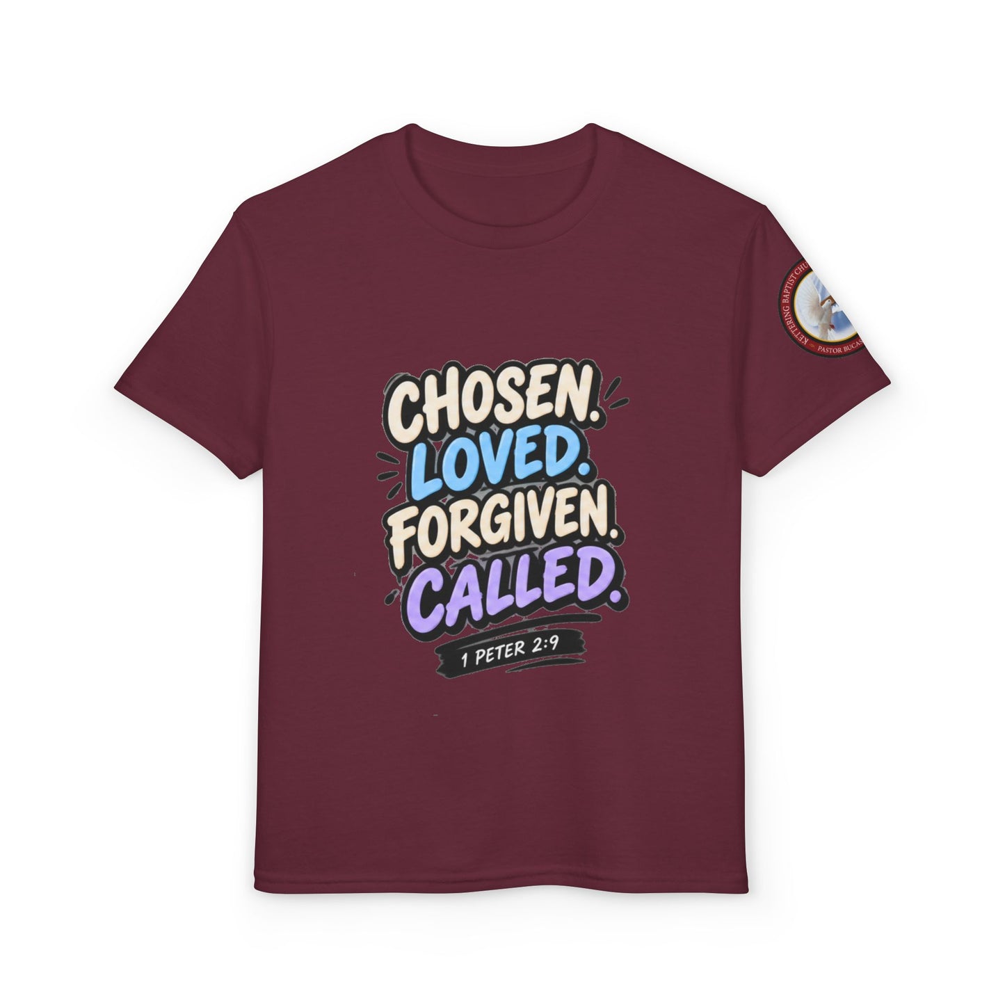 Chosen Loved Forgiven Called Youth T‑Shirt — 1 Peter 2:9 Inspirational Kids Tee