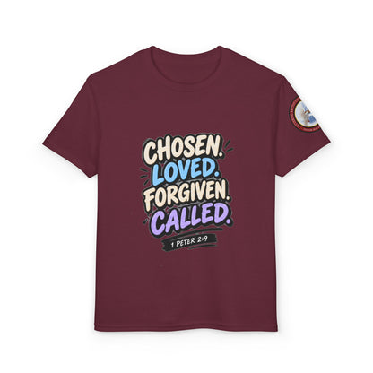 Chosen Loved Forgiven Called Youth T‑Shirt — 1 Peter 2:9 Inspirational Kids Tee