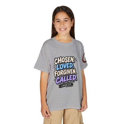 Chosen Loved Forgiven Called Youth T‑Shirt — 1 Peter 2:9 Inspirational Kids Tee