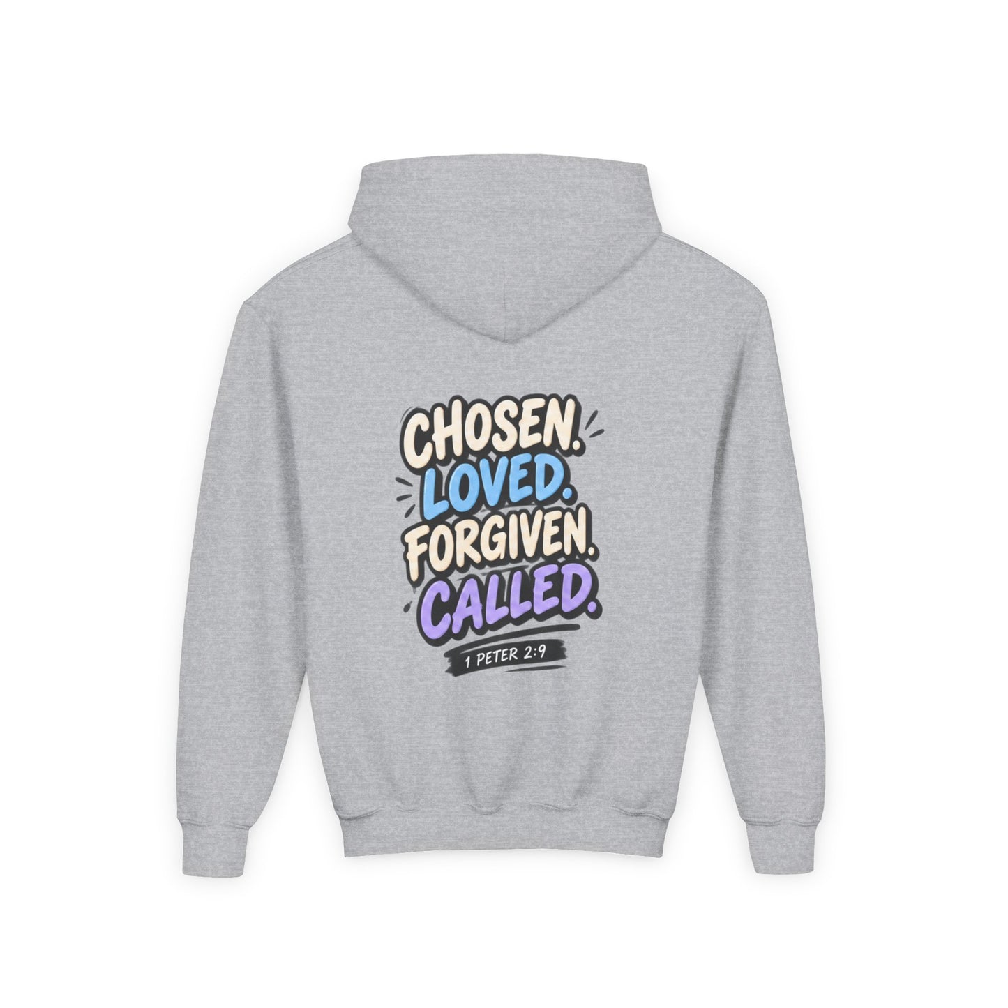 Youth Hoodie — "Chosen, Loved, Forgiven, Called" Christian Faith Pullover (Matthew 2:6)