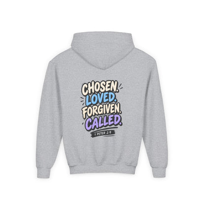 Youth Hoodie — "Chosen, Loved, Forgiven, Called" Christian Faith Pullover (Matthew 2:6)