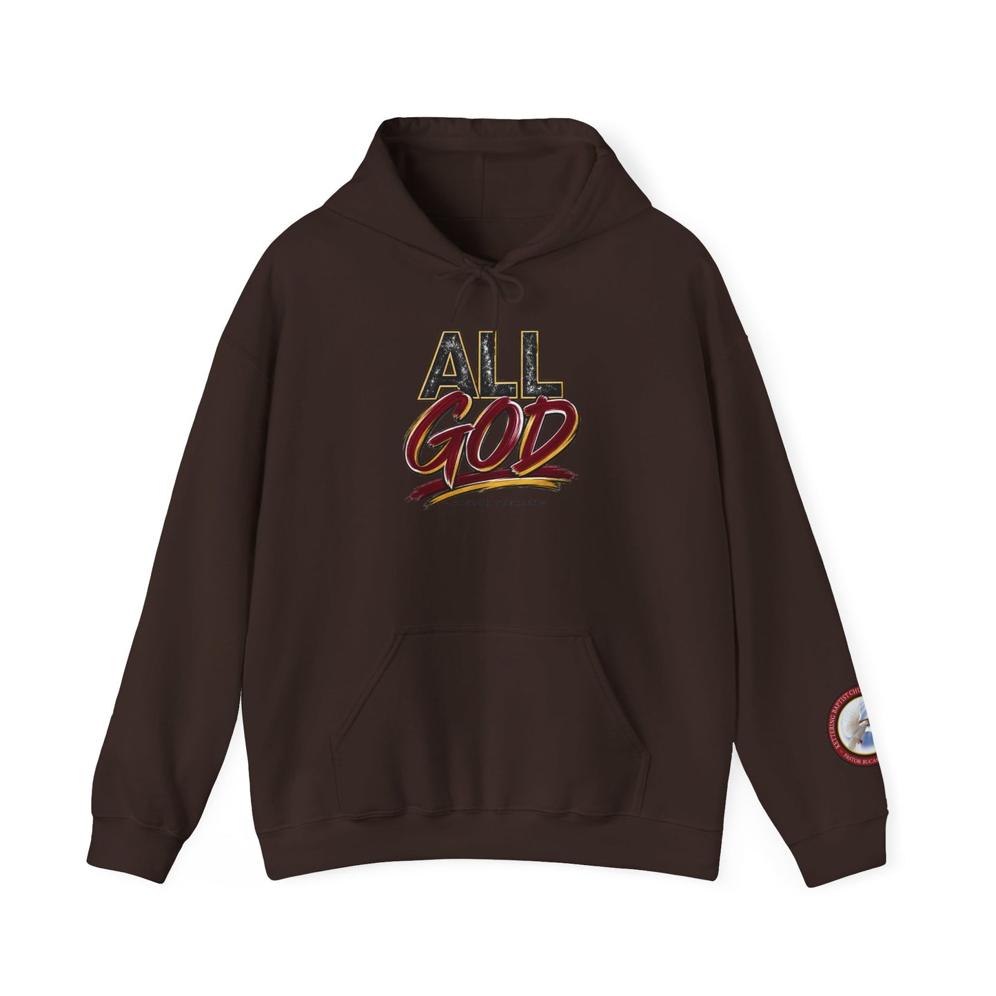All God Hoodie — Christian Faith Graphic Pullover with Sleeve Emblem