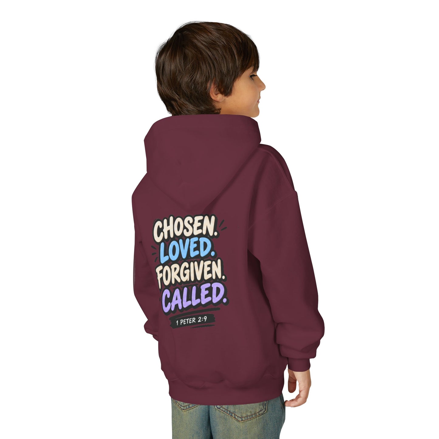 Youth Hoodie — "Chosen, Loved, Forgiven, Called" Christian Faith Pullover (Matthew 2:6)