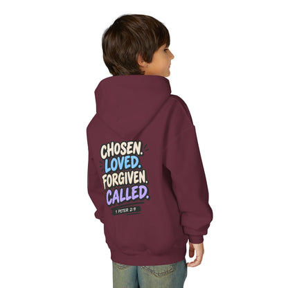 Youth Hoodie — "Chosen, Loved, Forgiven, Called" Christian Faith Pullover (Matthew 2:6)