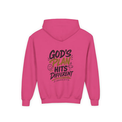 Youth Hoodie — “God’s Plan Hits Different” Inspirational Christian Pullover