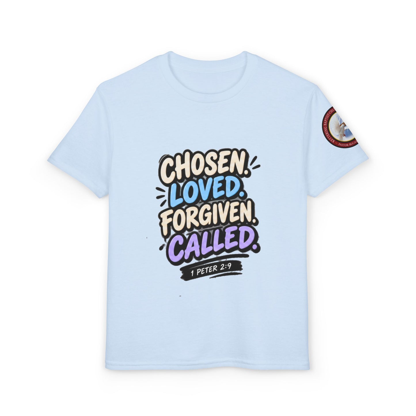 Chosen Loved Forgiven Called Youth T‑Shirt — 1 Peter 2:9 Inspirational Kids Tee