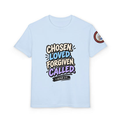 Chosen Loved Forgiven Called Youth T‑Shirt — 1 Peter 2:9 Inspirational Kids Tee