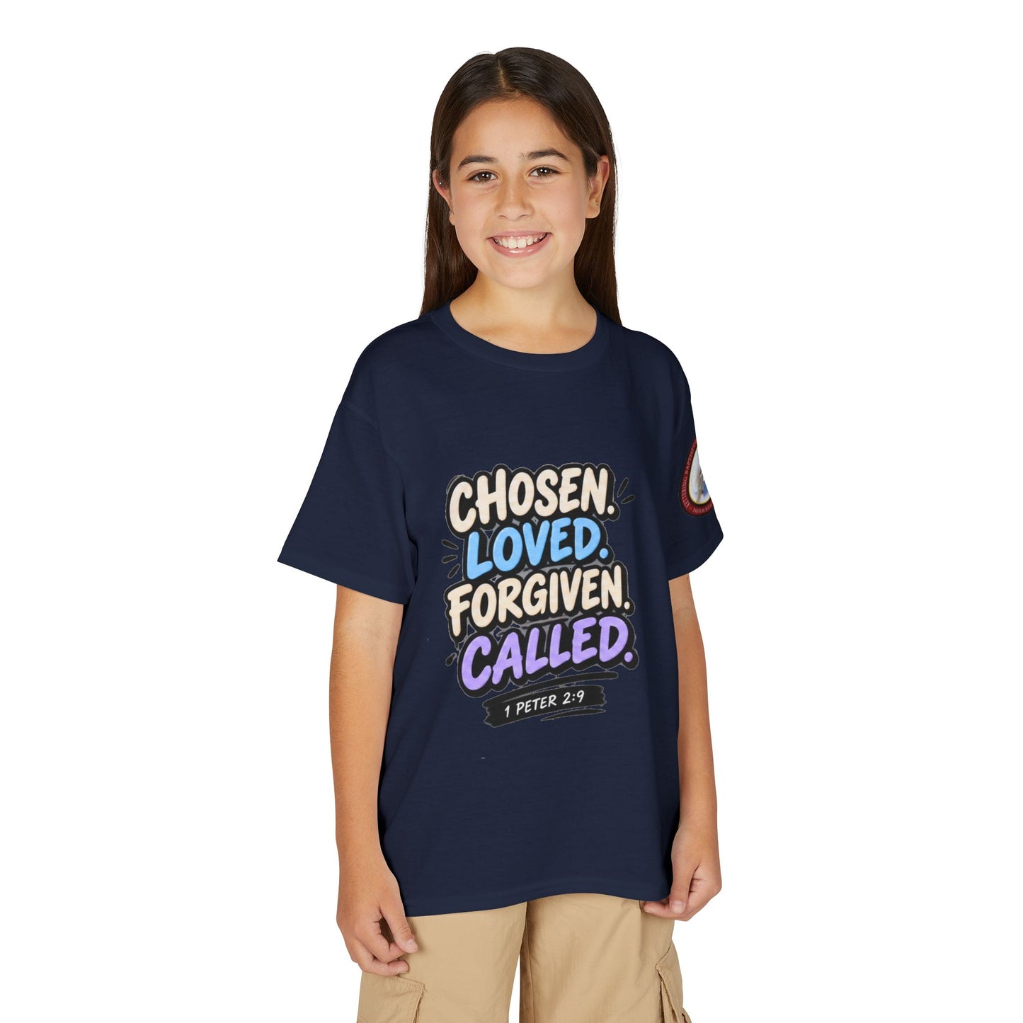 Chosen Loved Forgiven Called Youth T‑Shirt — 1 Peter 2:9 Inspirational Kids Tee