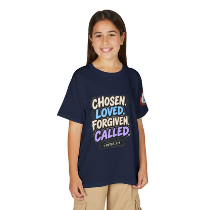 Chosen Loved Forgiven Called Youth T‑Shirt — 1 Peter 2:9 Inspirational Kids Tee