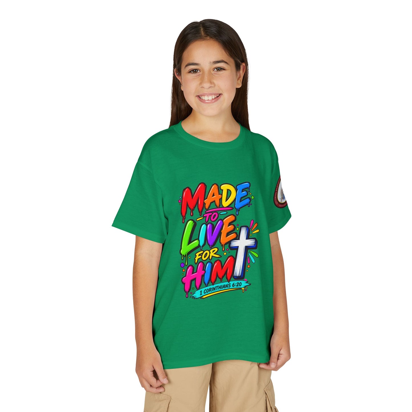 Youth T-Shirt — "Made to Live for Him" Colorful Christian Graphic