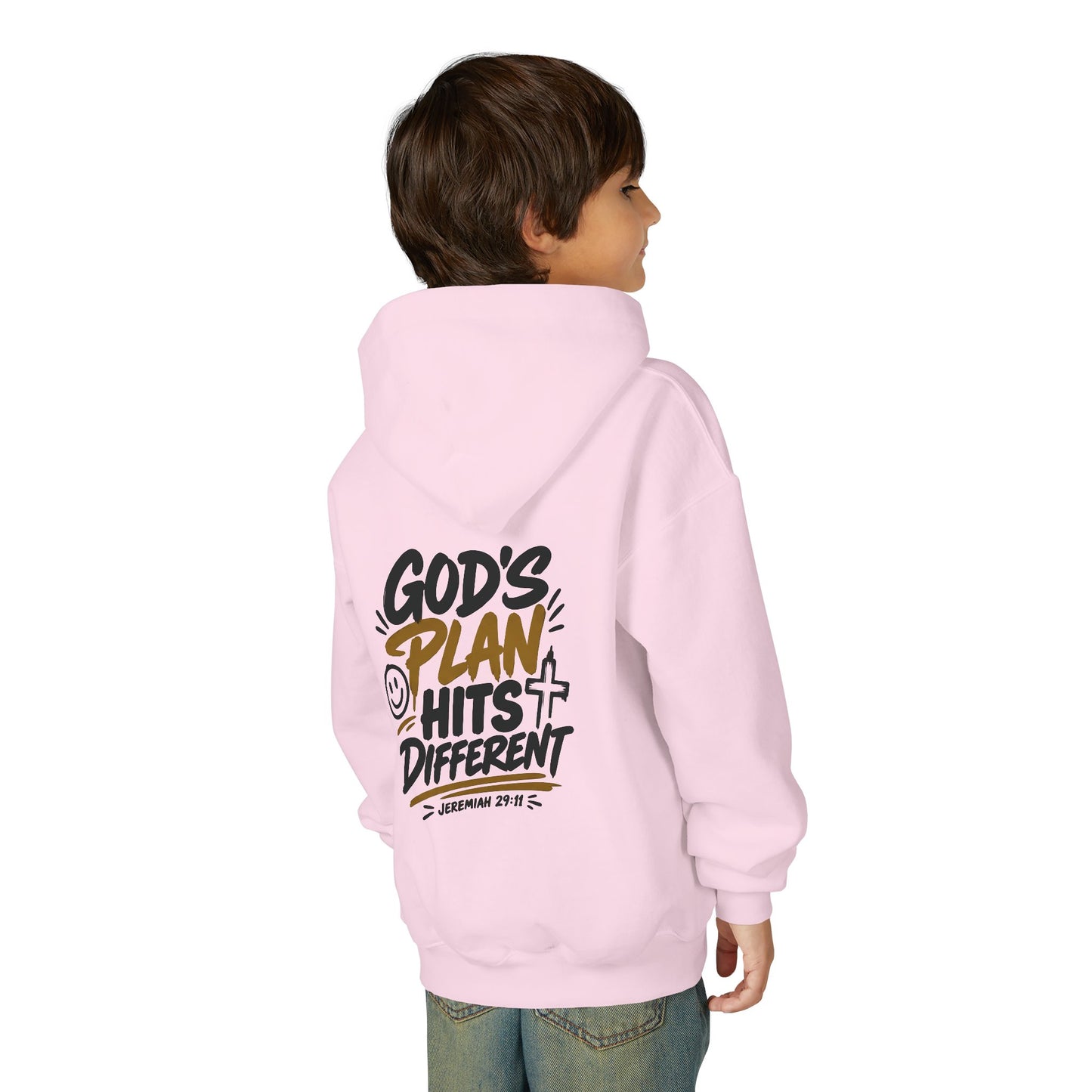 Youth Hoodie — “God’s Plan Hits Different” Inspirational Christian Pullover