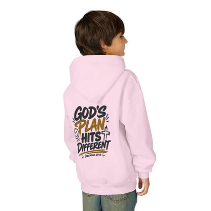 Youth Hoodie — “God’s Plan Hits Different” Inspirational Christian Pullover