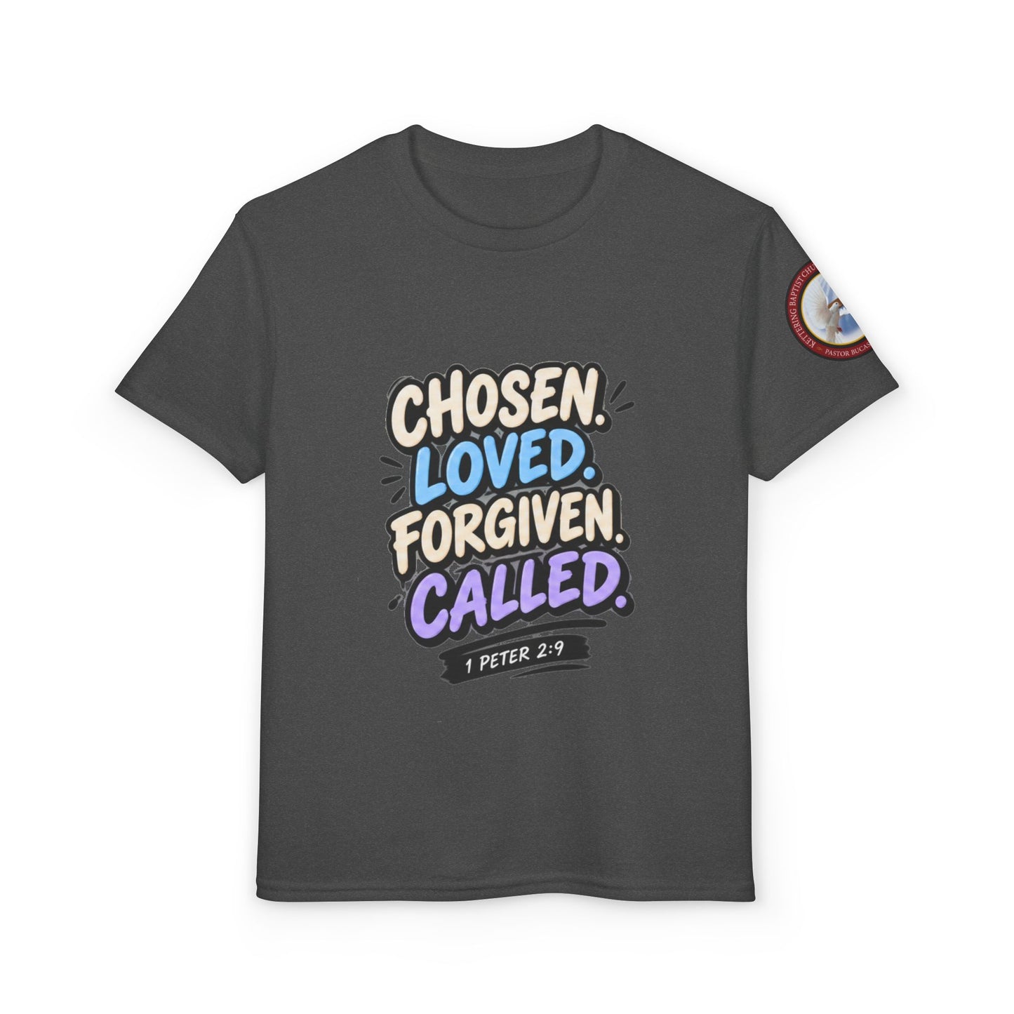 Chosen Loved Forgiven Called Youth T‑Shirt — 1 Peter 2:9 Inspirational Kids Tee