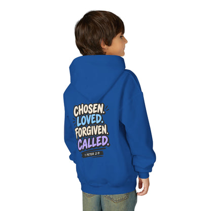 Youth Hoodie — "Chosen, Loved, Forgiven, Called" Christian Faith Pullover (Matthew 2:6)