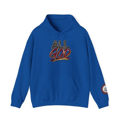 All God Hoodie — Christian Faith Graphic Pullover with Sleeve Emblem