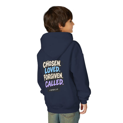 Youth Hoodie — "Chosen, Loved, Forgiven, Called" Christian Faith Pullover (Matthew 2:6)