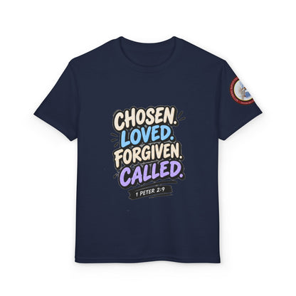 Chosen Loved Forgiven Called Youth T‑Shirt — 1 Peter 2:9 Inspirational Kids Tee