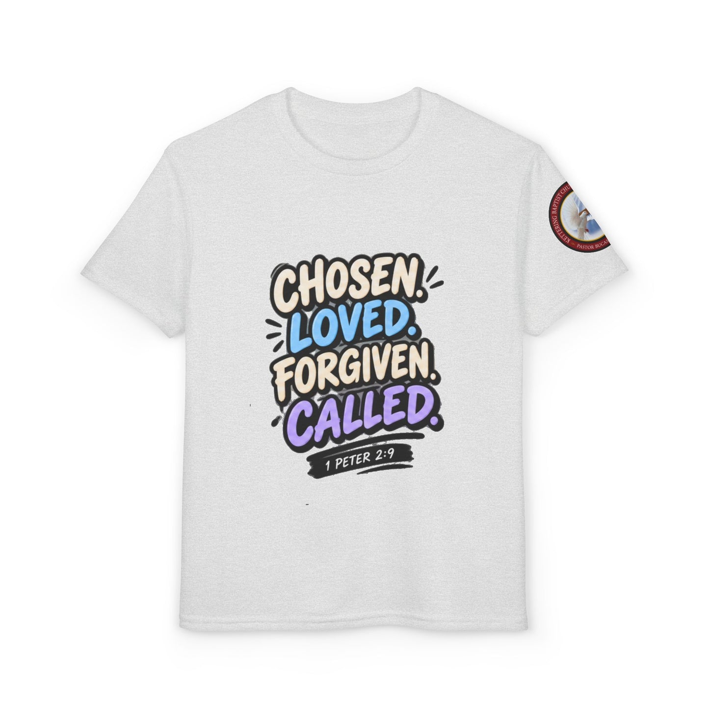 Chosen Loved Forgiven Called Youth T‑Shirt — 1 Peter 2:9 Inspirational Kids Tee