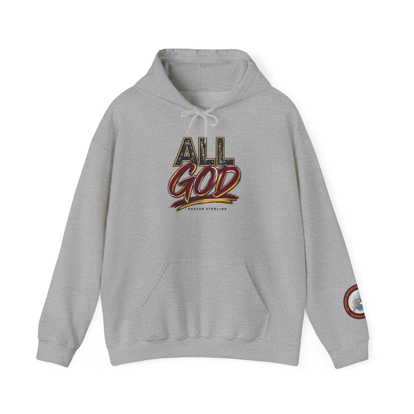 All God Hoodie — Christian Faith Graphic Pullover with Sleeve Emblem