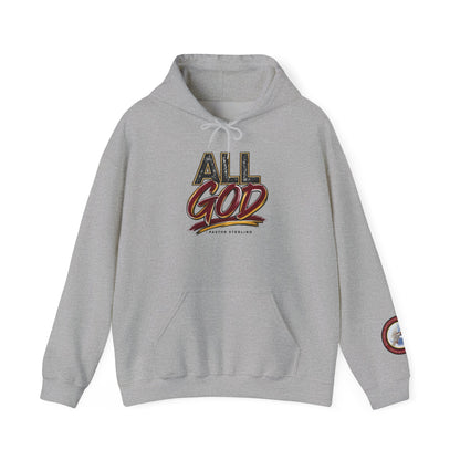 All God Hoodie — Christian Faith Graphic Pullover with Sleeve Emblem