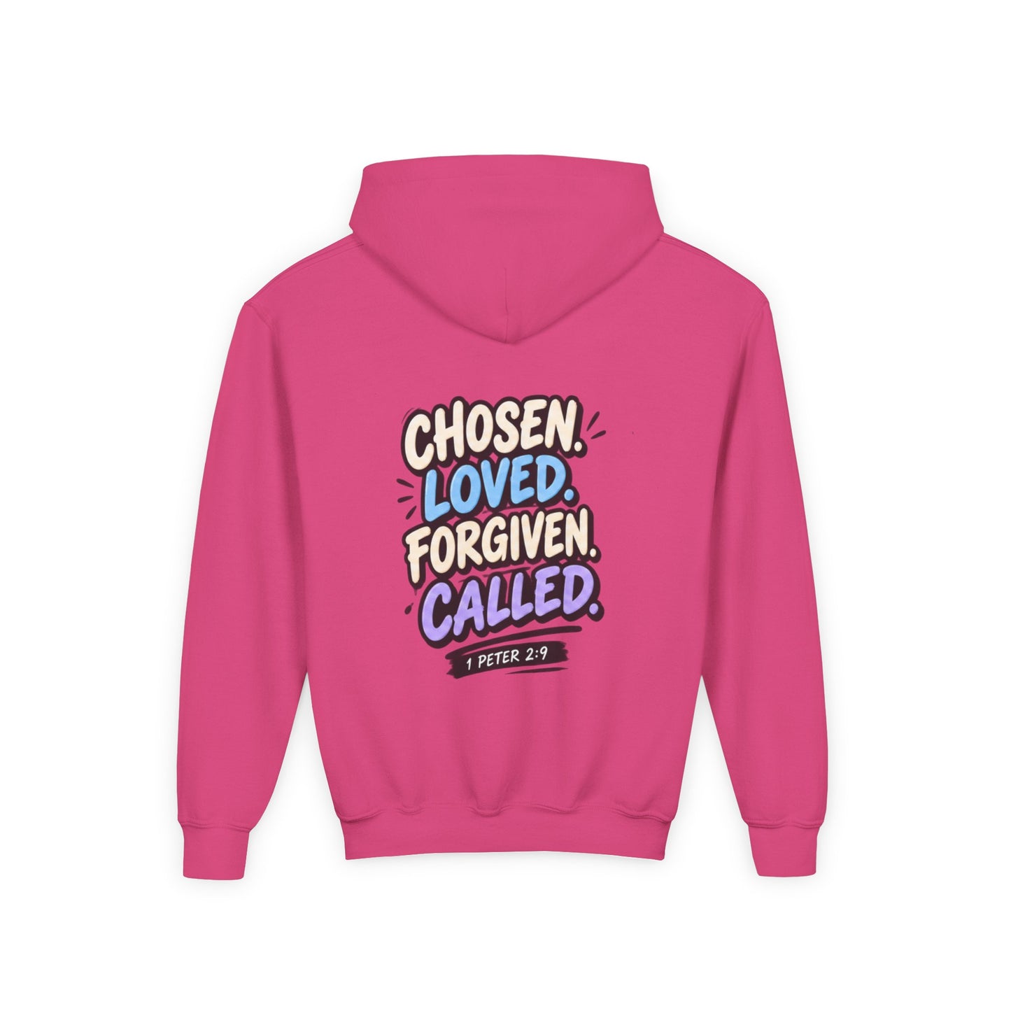 Youth Hoodie — "Chosen, Loved, Forgiven, Called" Christian Faith Pullover (Matthew 2:6)
