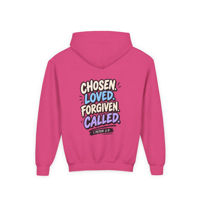 Youth Hoodie — "Chosen, Loved, Forgiven, Called" Christian Faith Pullover (Matthew 2:6)
