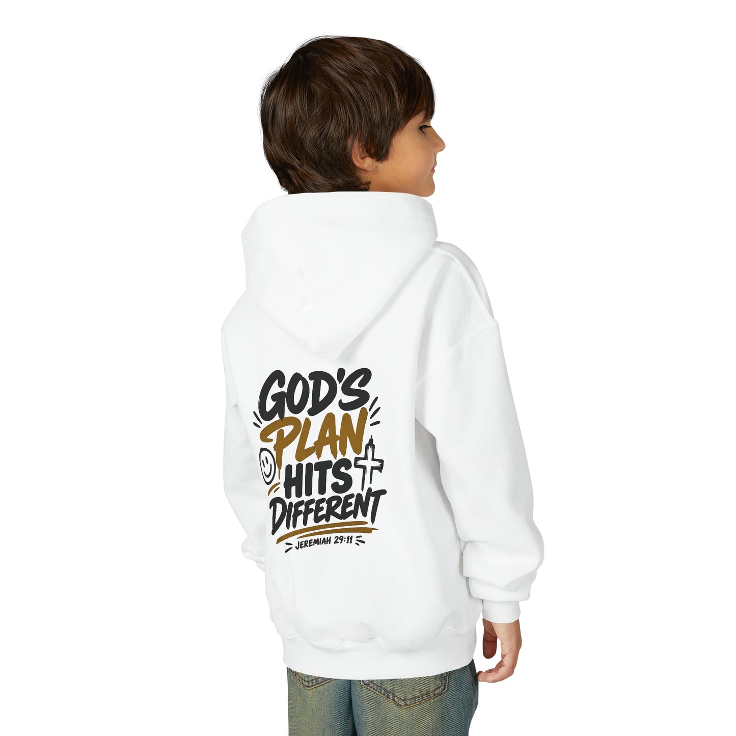 Youth Hoodie — “God’s Plan Hits Different” Inspirational Christian Pullover