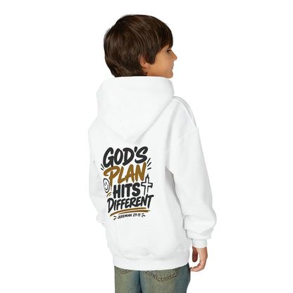 Youth Hoodie — “God’s Plan Hits Different” Inspirational Christian Pullover