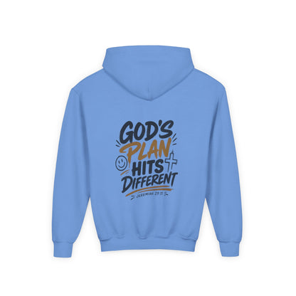 Youth Hoodie — “God’s Plan Hits Different” Inspirational Christian Pullover