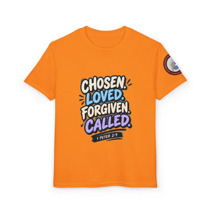 Chosen Loved Forgiven Called Youth T‑Shirt — 1 Peter 2:9 Inspirational Kids Tee
