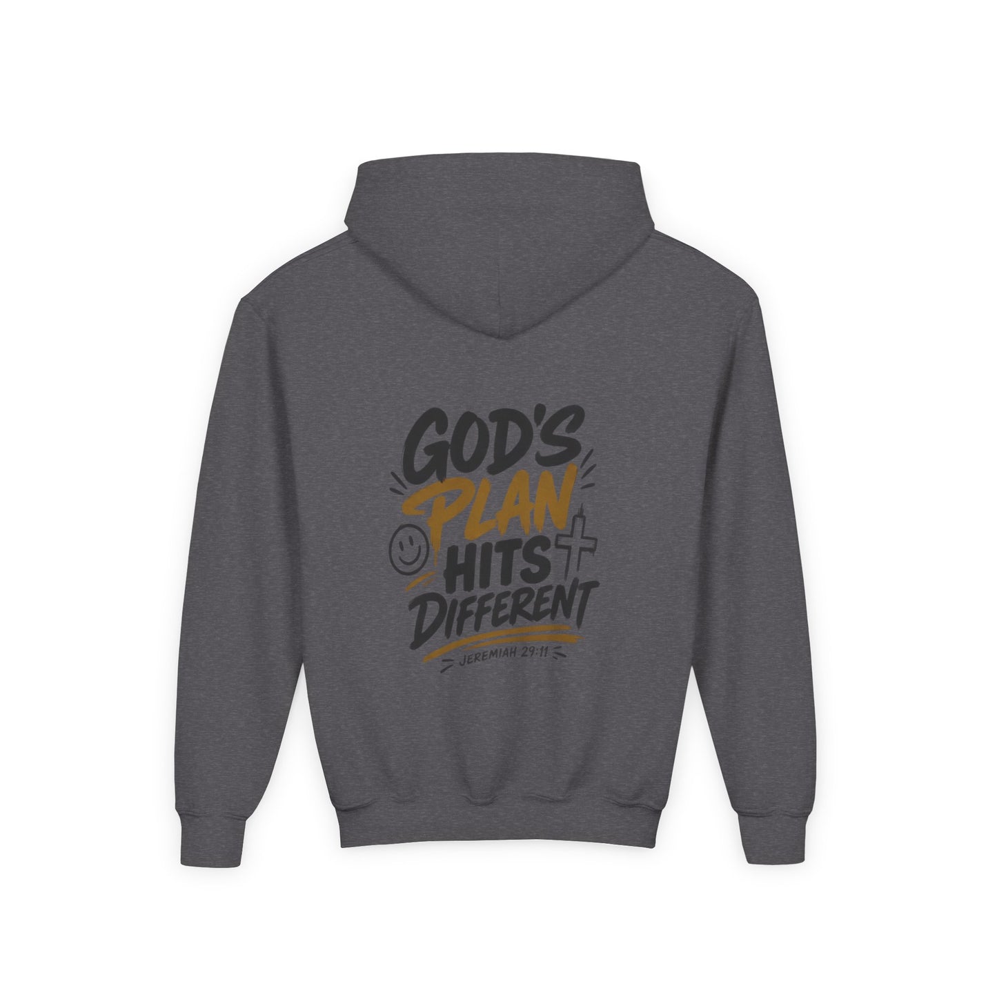 Youth Hoodie — “God’s Plan Hits Different” Inspirational Christian Pullover
