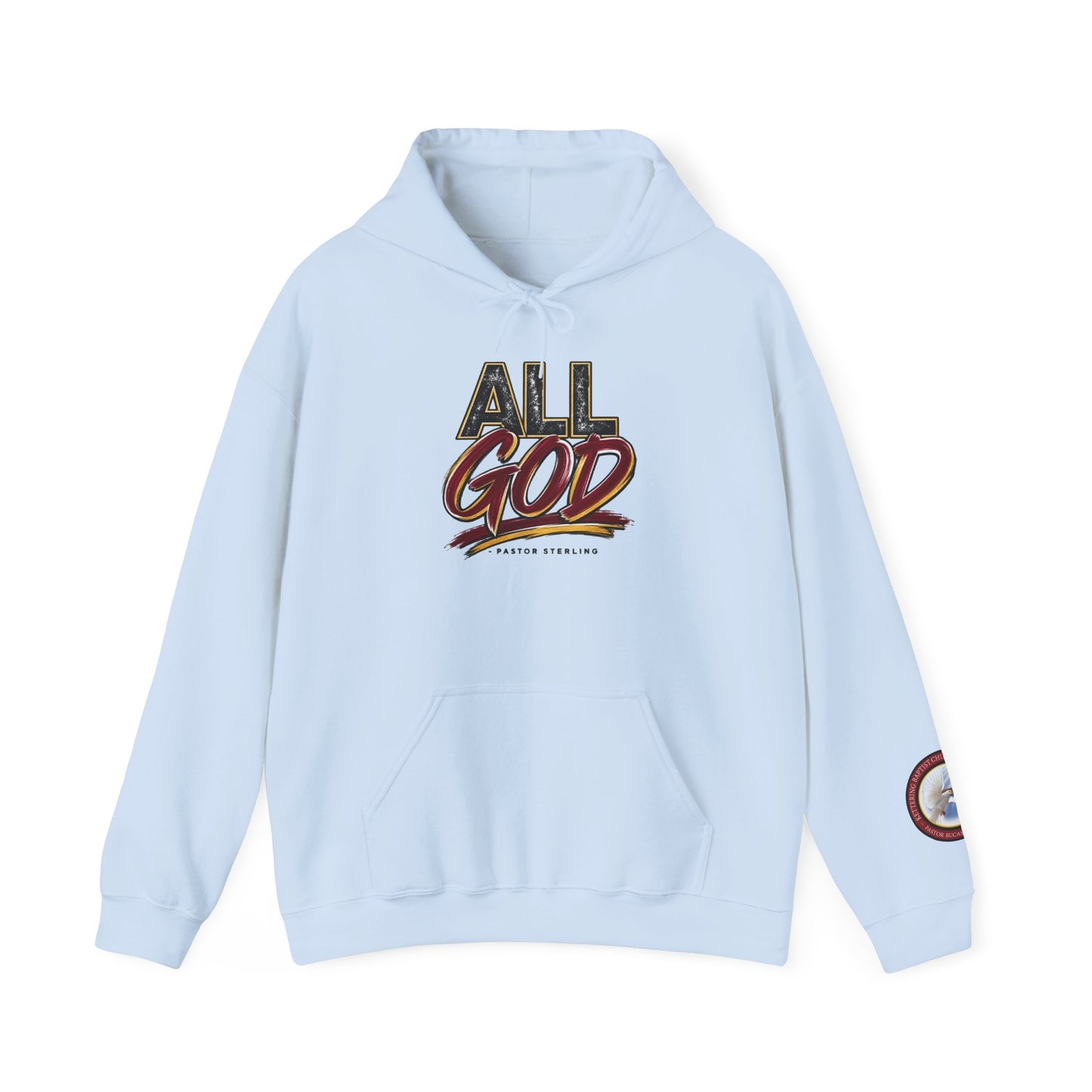 All God Hoodie — Christian Faith Graphic Pullover with Sleeve Emblem