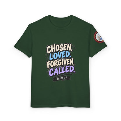 Chosen Loved Forgiven Called Youth T‑Shirt — 1 Peter 2:9 Inspirational Kids Tee