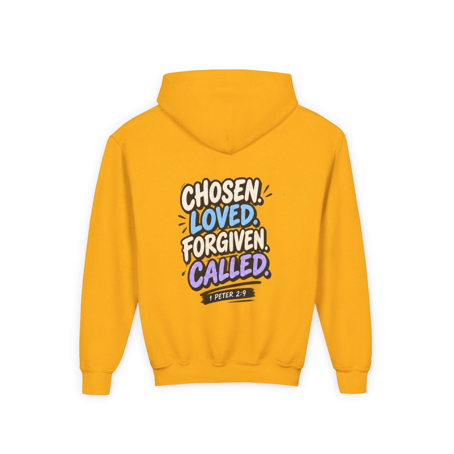 Youth Hoodie — "Chosen, Loved, Forgiven, Called" Christian Faith Pullover (Matthew 2:6)