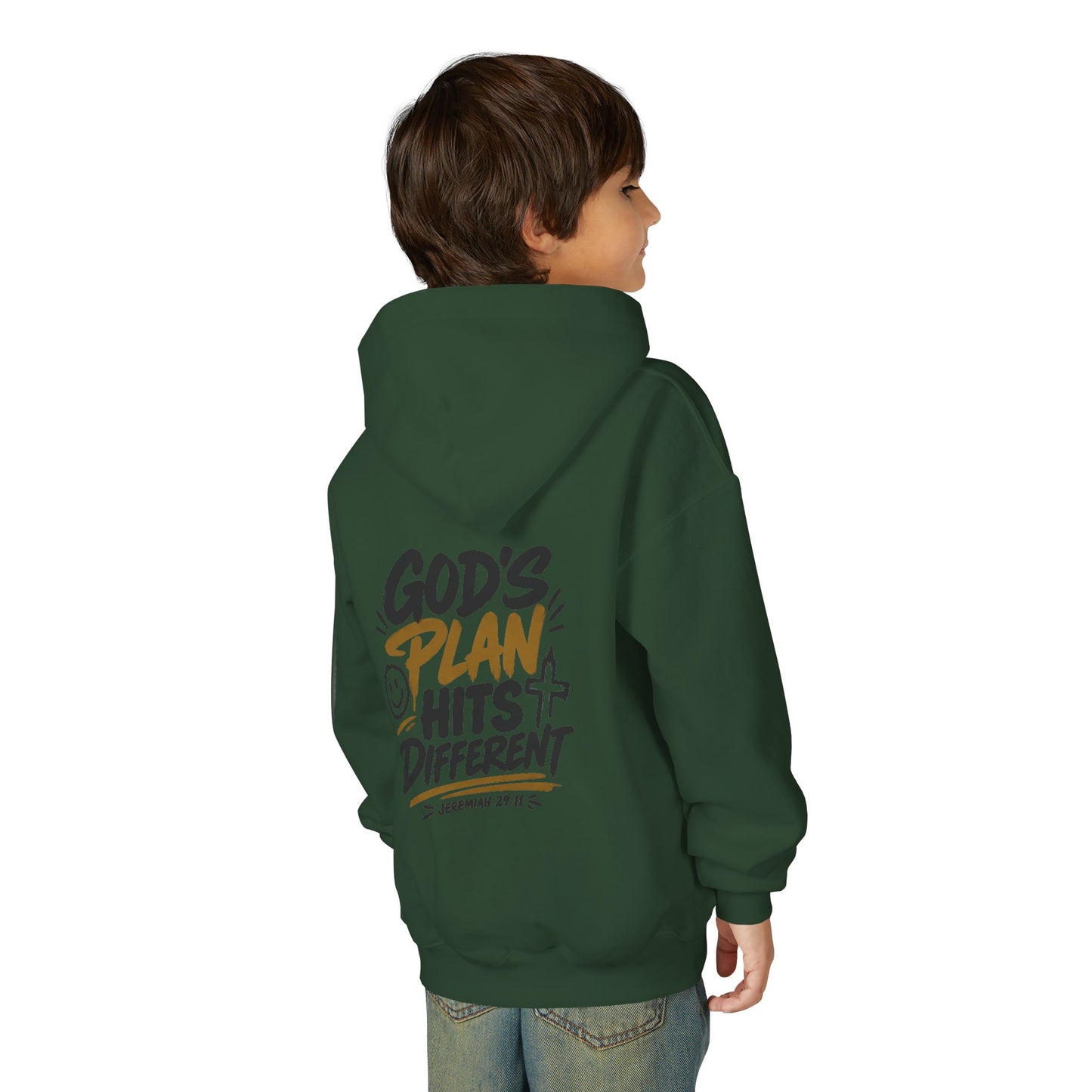 Youth Hoodie — “God’s Plan Hits Different” Inspirational Christian Pullover