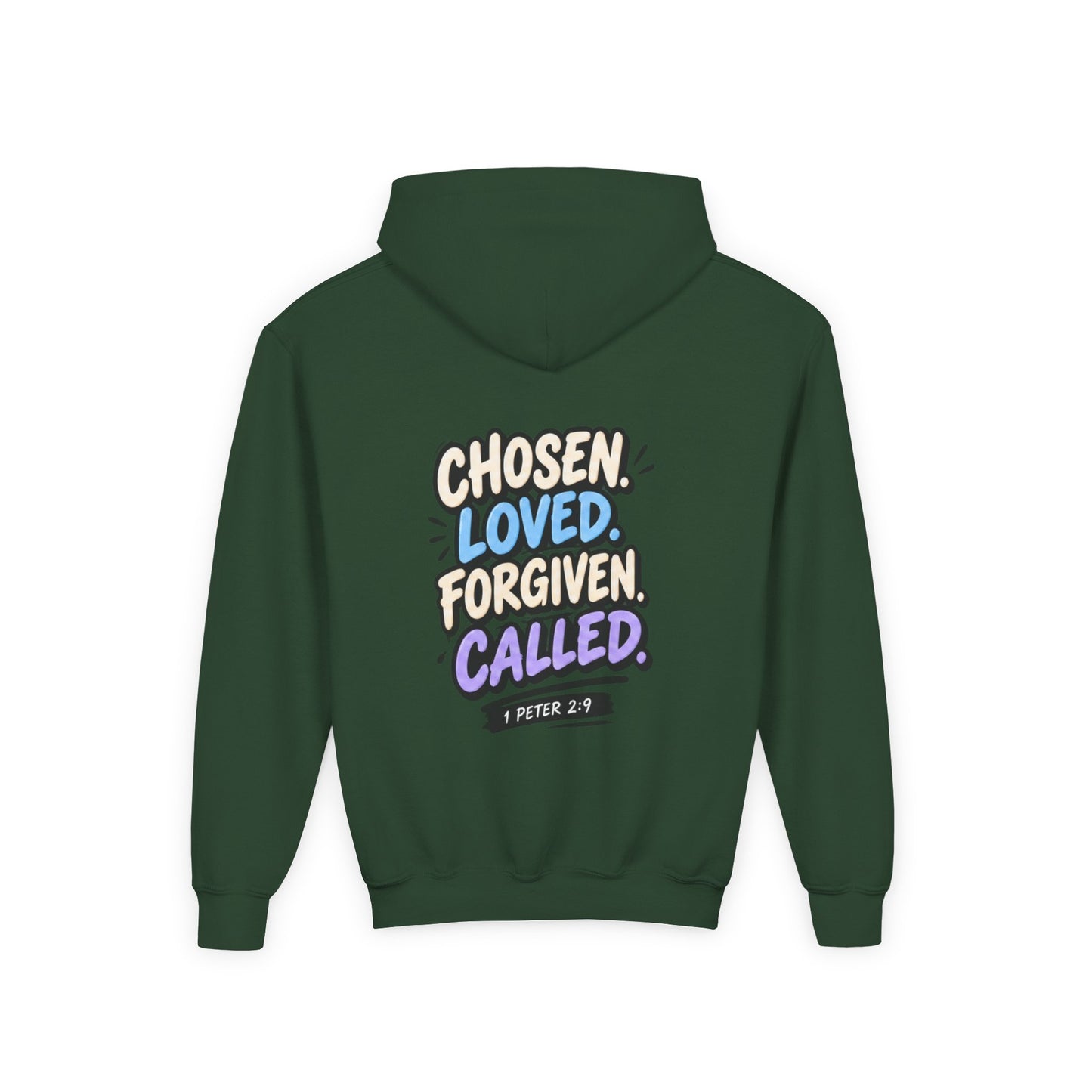 Youth Hoodie — "Chosen, Loved, Forgiven, Called" Christian Faith Pullover (Matthew 2:6)