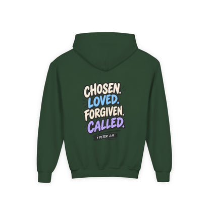 Youth Hoodie — "Chosen, Loved, Forgiven, Called" Christian Faith Pullover (Matthew 2:6)