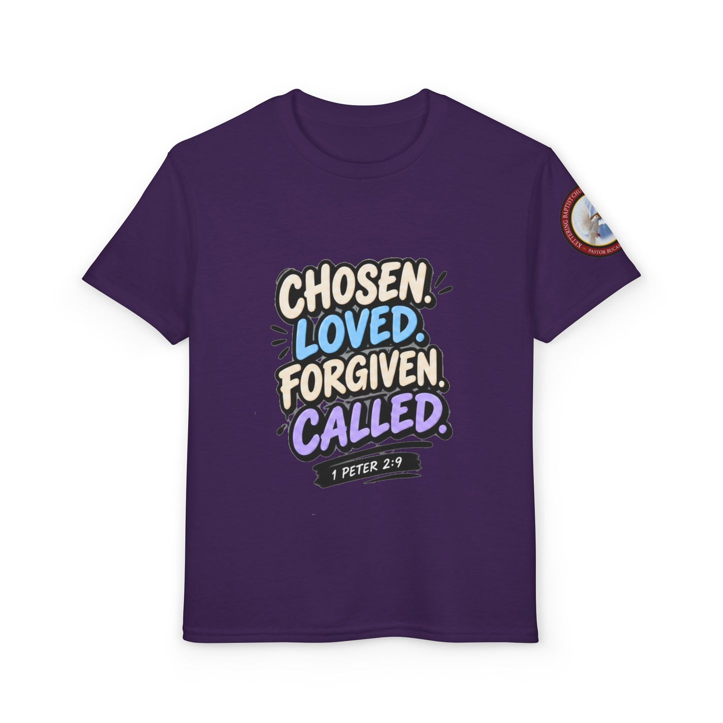 Chosen Loved Forgiven Called Youth T‑Shirt — 1 Peter 2:9 Inspirational Kids Tee