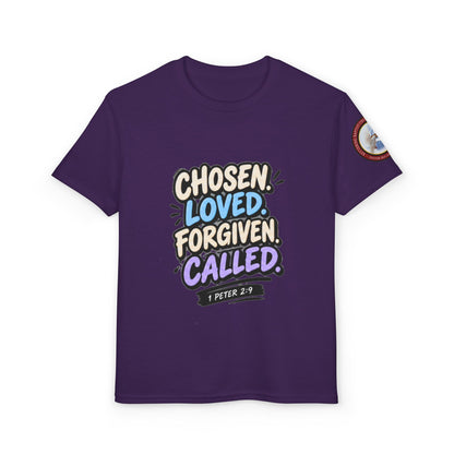 Chosen Loved Forgiven Called Youth T‑Shirt — 1 Peter 2:9 Inspirational Kids Tee