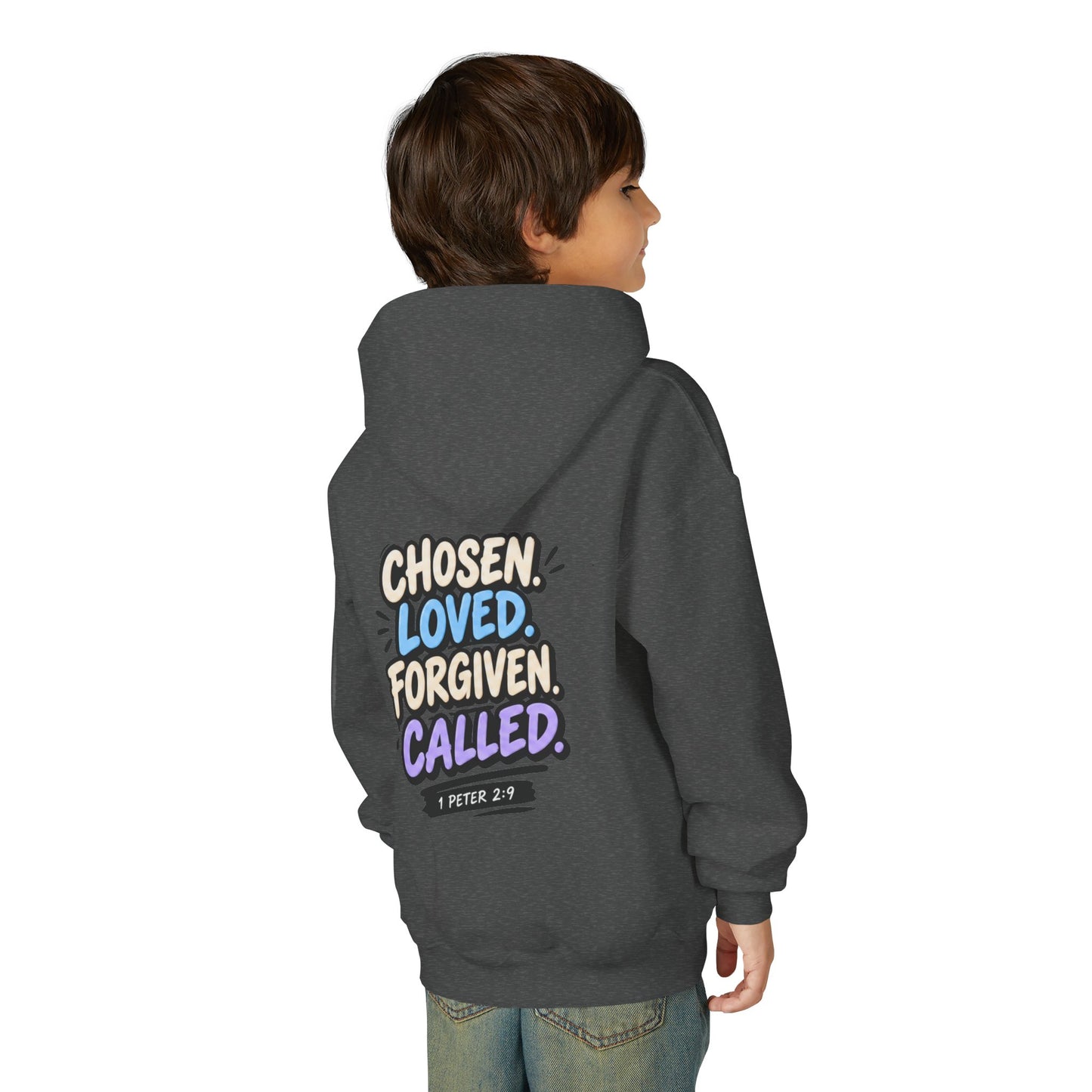Youth Hoodie — "Chosen, Loved, Forgiven, Called" Christian Faith Pullover (Matthew 2:6)