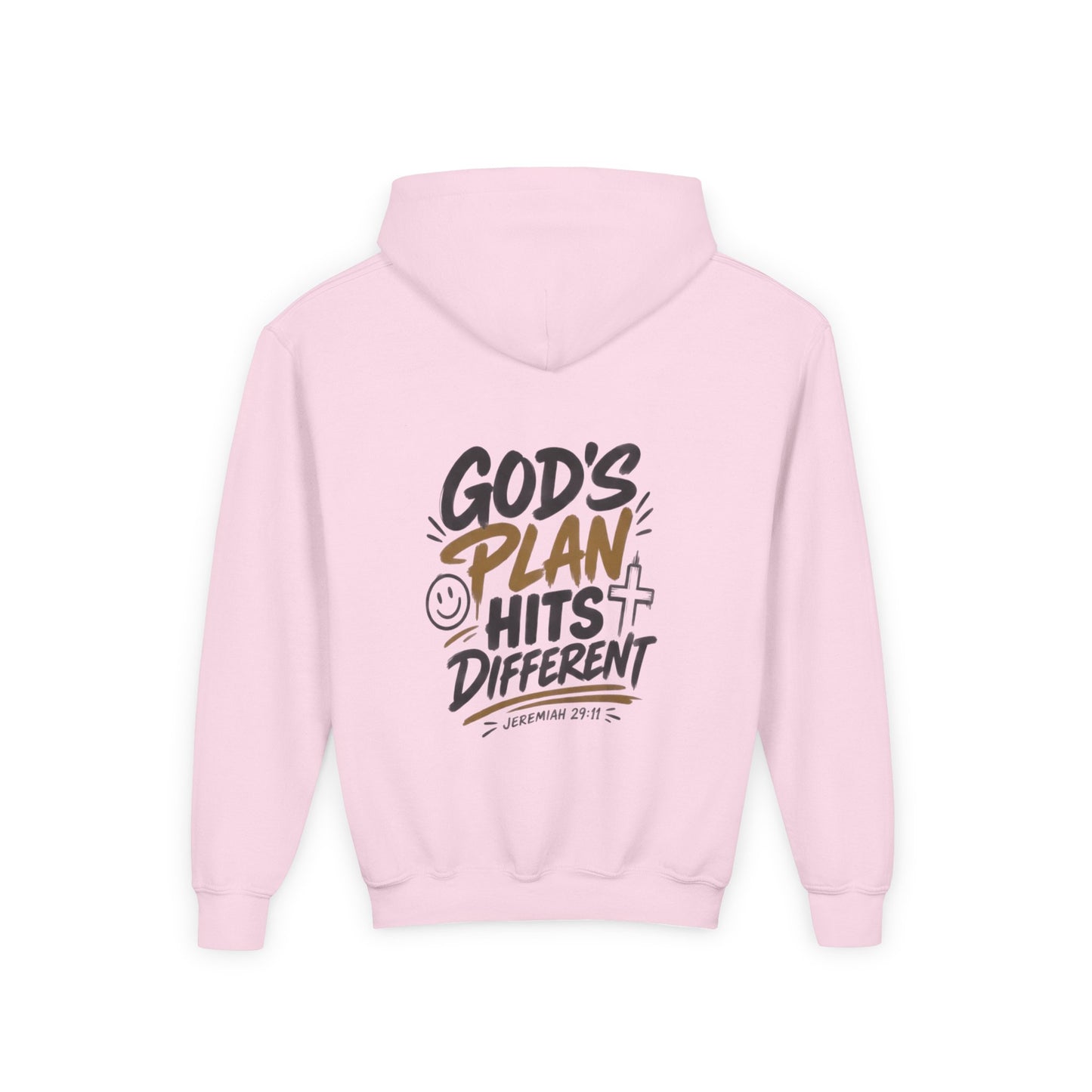 Youth Hoodie — “God’s Plan Hits Different” Inspirational Christian Pullover