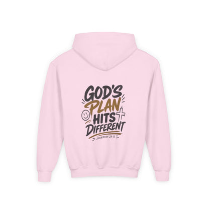 Youth Hoodie — “God’s Plan Hits Different” Inspirational Christian Pullover