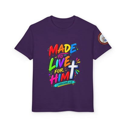 Youth T-Shirt — "Made to Live for Him" Colorful Christian Graphic