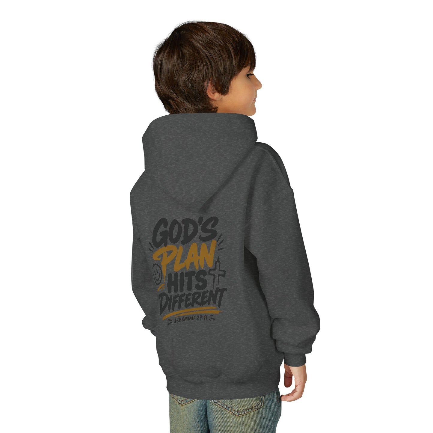 Youth Hoodie — “God’s Plan Hits Different” Inspirational Christian Pullover