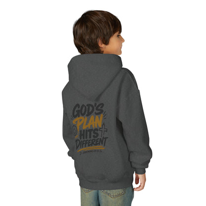 Youth Hoodie — “God’s Plan Hits Different” Inspirational Christian Pullover