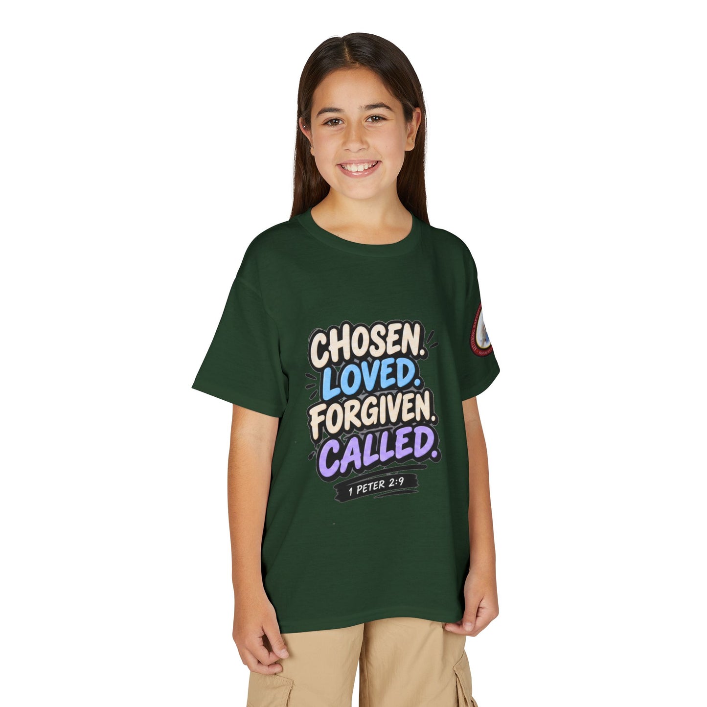 Chosen Loved Forgiven Called Youth T‑Shirt — 1 Peter 2:9 Inspirational Kids Tee