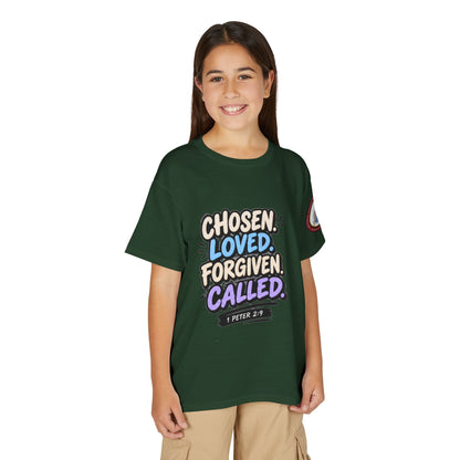 Chosen Loved Forgiven Called Youth T‑Shirt — 1 Peter 2:9 Inspirational Kids Tee
