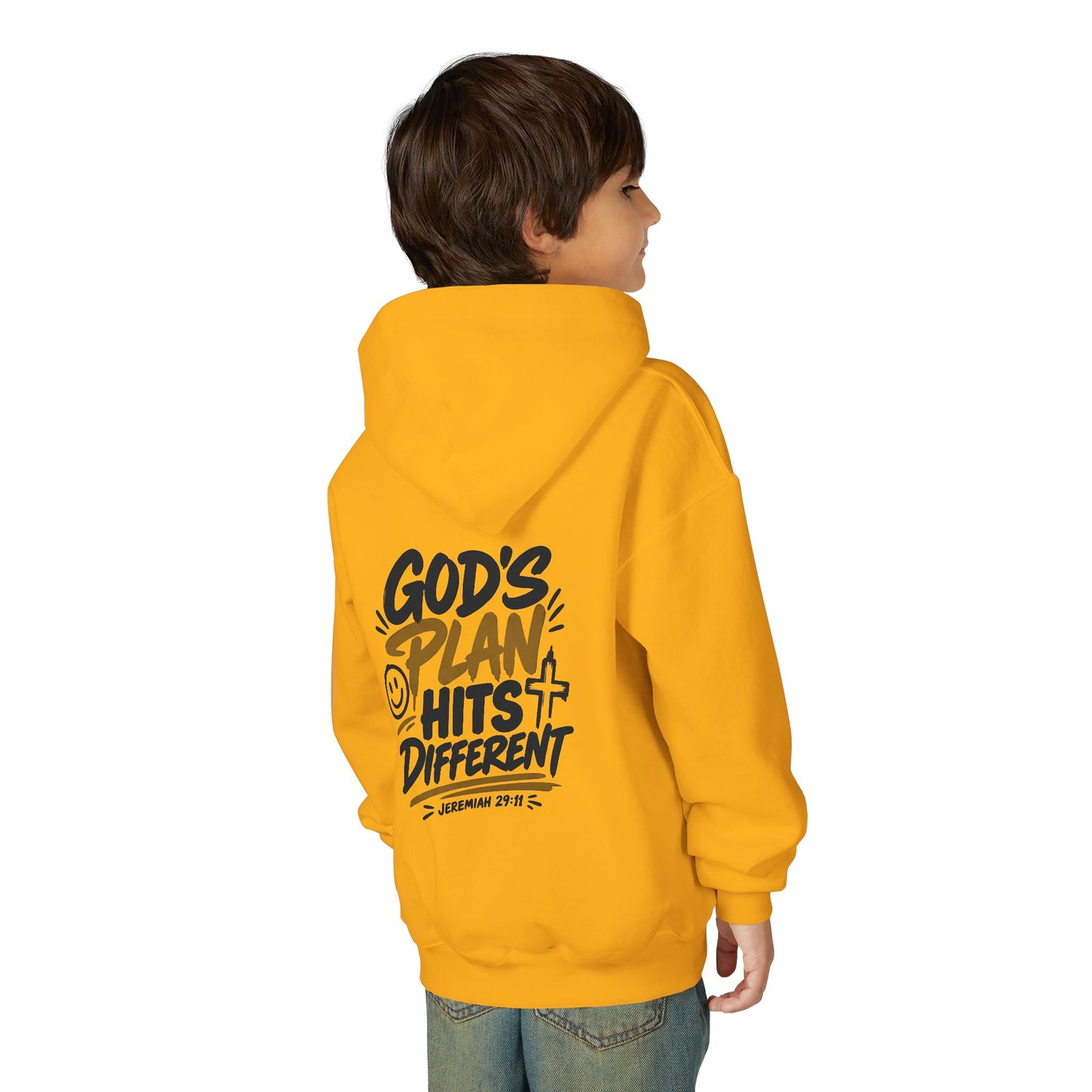 Youth Hoodie — “God’s Plan Hits Different” Inspirational Christian Pullover